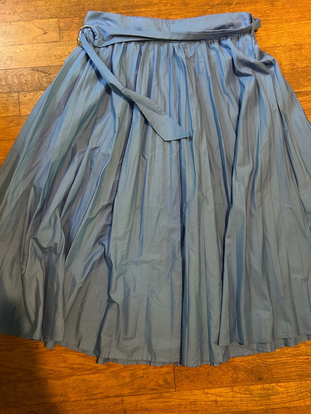 Pleated Midi A-Line Skirt in Light Blue with Waist Tie